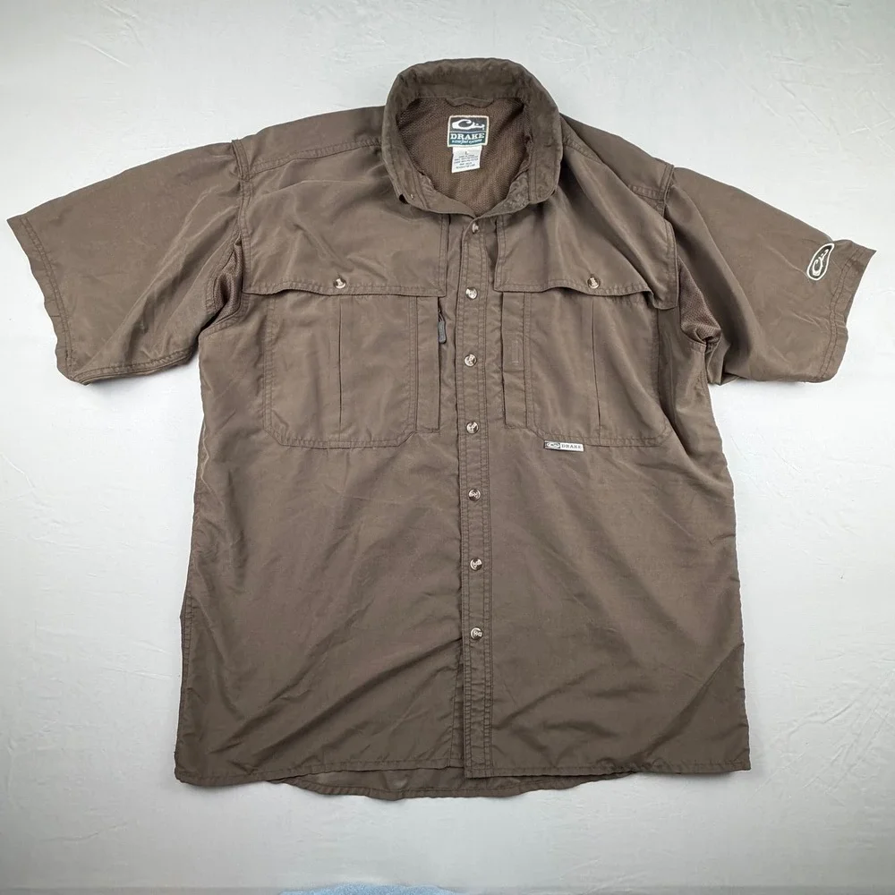 Drake Waterfowl Short Sleeve Fishing Shirt Mens Large‎ Brown Ventilated Pockets